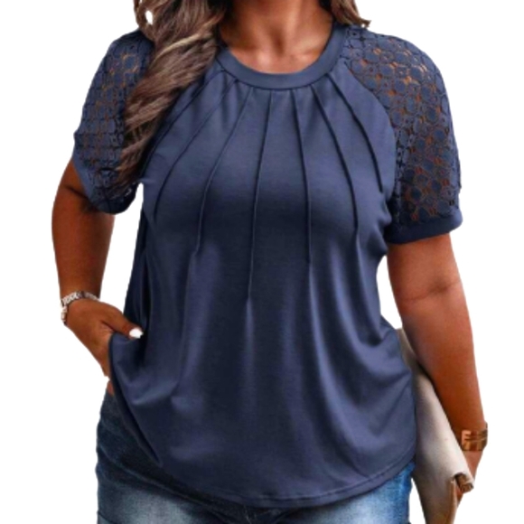 SHEIN Tops - Shein Curve Navy Blue Lace Short Sleeve Top Sz 1XL